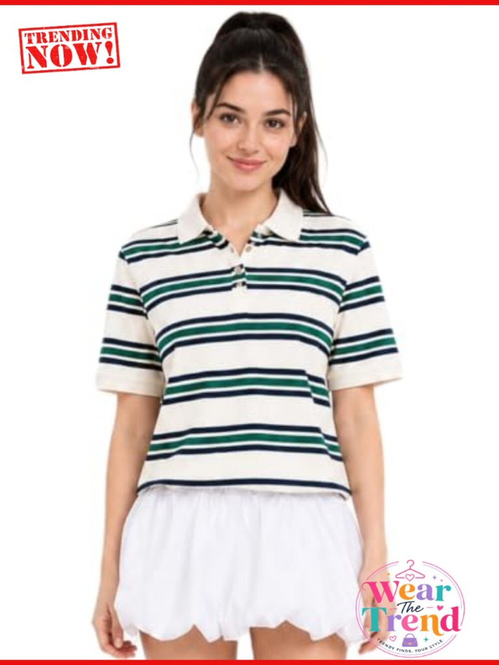 Women's Striped Rugby Polo Shirt Cropped Button Up Preppy